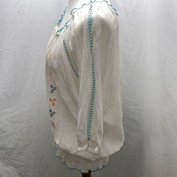 Wrangler peasant boho hippie shirt top turquoise tie neck Sz L - Picture 4 of 10